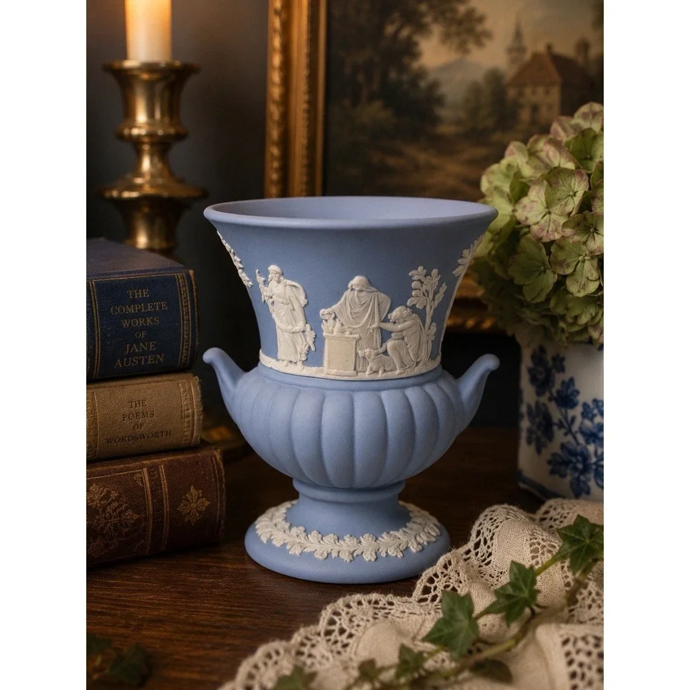 Wedgwood Blue Jasperware Miniature Urn Vase White Classical Relief England